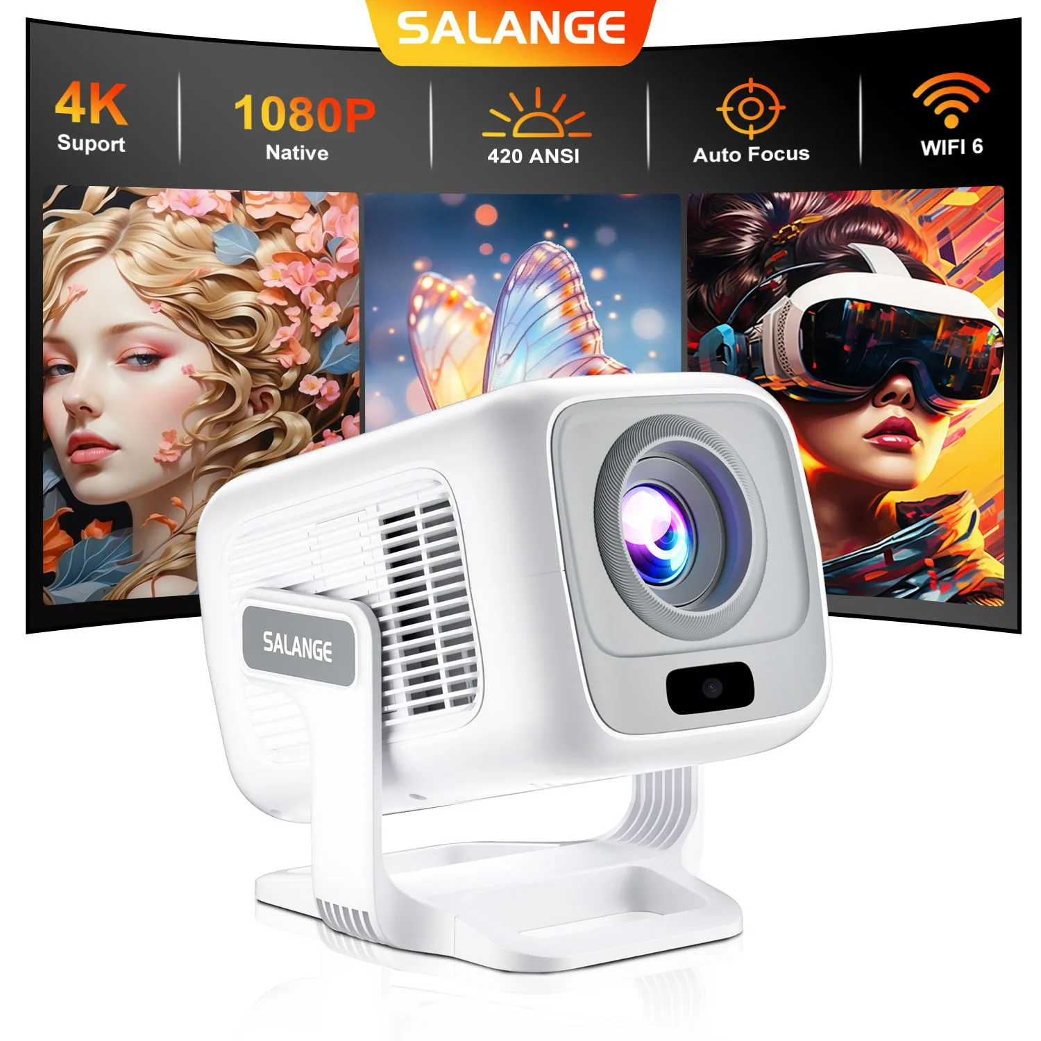 Salange HY260Max 4K-Projektor Native 1080P Android 11 WIFI6 BT5.4 Autofokus/vertikaler Keystone-Spiegel SmartPhone Cinema Beam HD Image