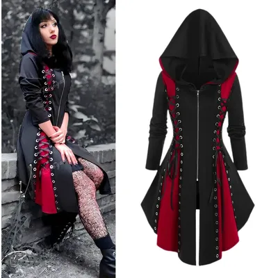 Mittelalterliche Renaissance Langarm Kapuzenrobe Schnürverbandkleid Damen Gothic Halloween Party Image