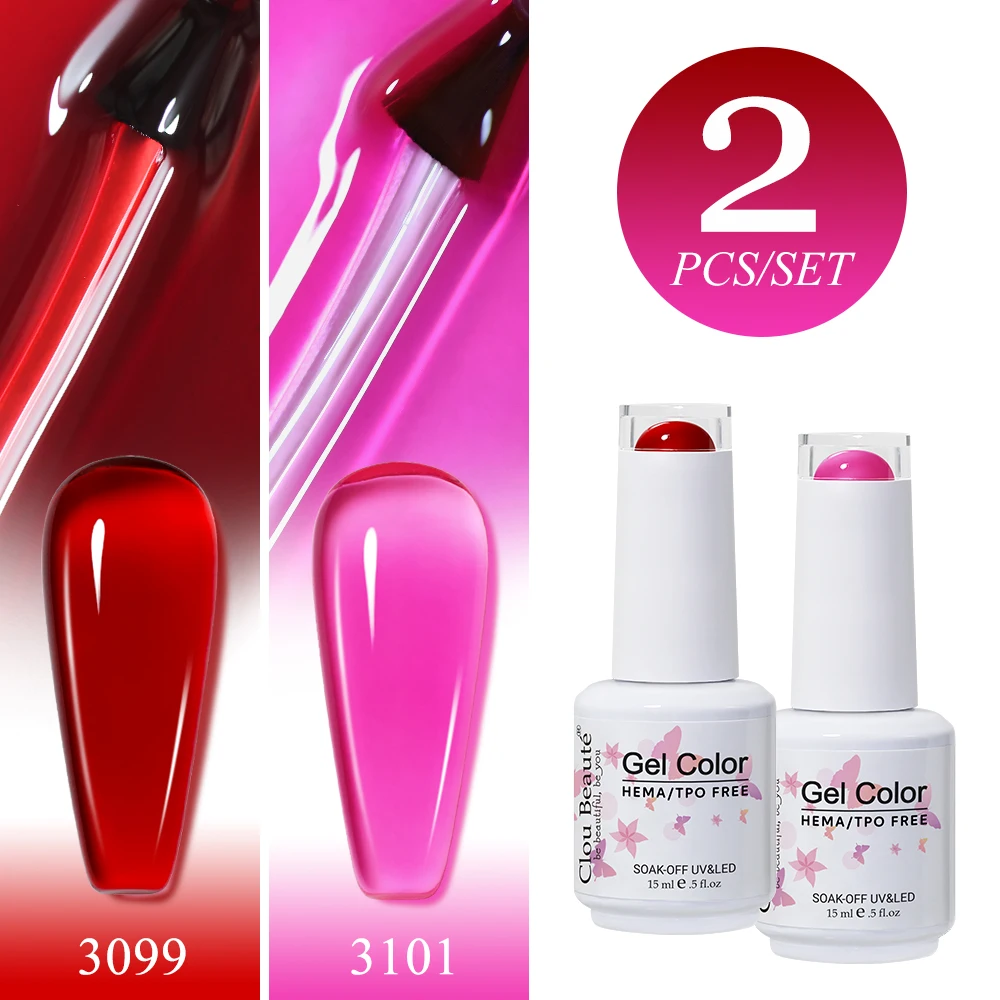 Clou Beaute 2 Stück durchscheinendes rosa Rubinrotes Nagelgel, semi-permanenter Lack, Gelee-Gel-Nagellack, französische Nagelkunst, 15 ml Image