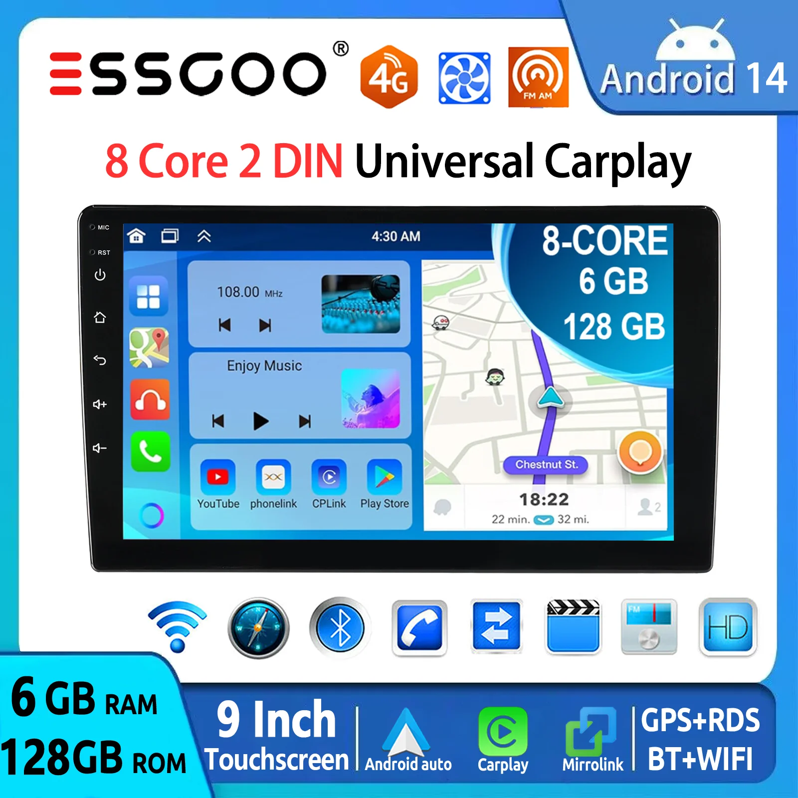 ESSGOO Double 2 DIN 9 Inch QLED Touchscreen Android 14 6+128 GB Autoradio Draadloos CarPlay Android Auto Bluetooth GPS Navigatie RDS 4G WiFi FM Mirror Link Hoofdeenheid Multimedia Videospeler Image