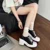 Damen dicken Boden Canvas Schuhe Mode schnüren große High Heels bequeme rutsch feste Freizeit Pumps