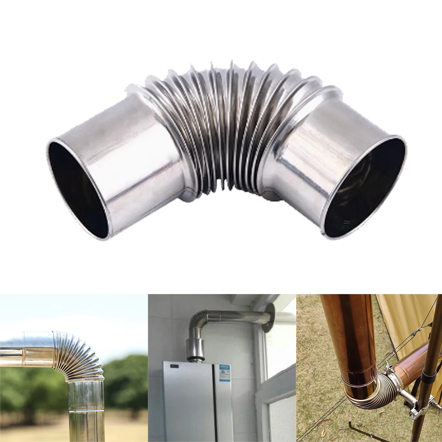 50/60/70 mm Edelstahl 90 Grad Winkel Schornstein Liner Bend 90 ° Mehrrohr-Ofenrohr für Outdoor-Camping, Holzofen, Kamin Image