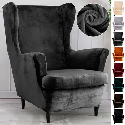 Velvet Wing Chair Covers Stretch Wingback Sesselbezug mit Sitzkissenbezug, elastische einfarbige Image