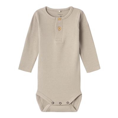 Langarmbody NAME IT "NBMKAB LS BODY NOOS", Baby, Gr. 74, N-Gr, beige (pure cashmere), Jersey, Rippware, Obermaterial: 57% Baumwolle, 38% Modal, 5% Elasthan, unifarben, casual, regular fit, Rundhals, Langarm, Bodies Image