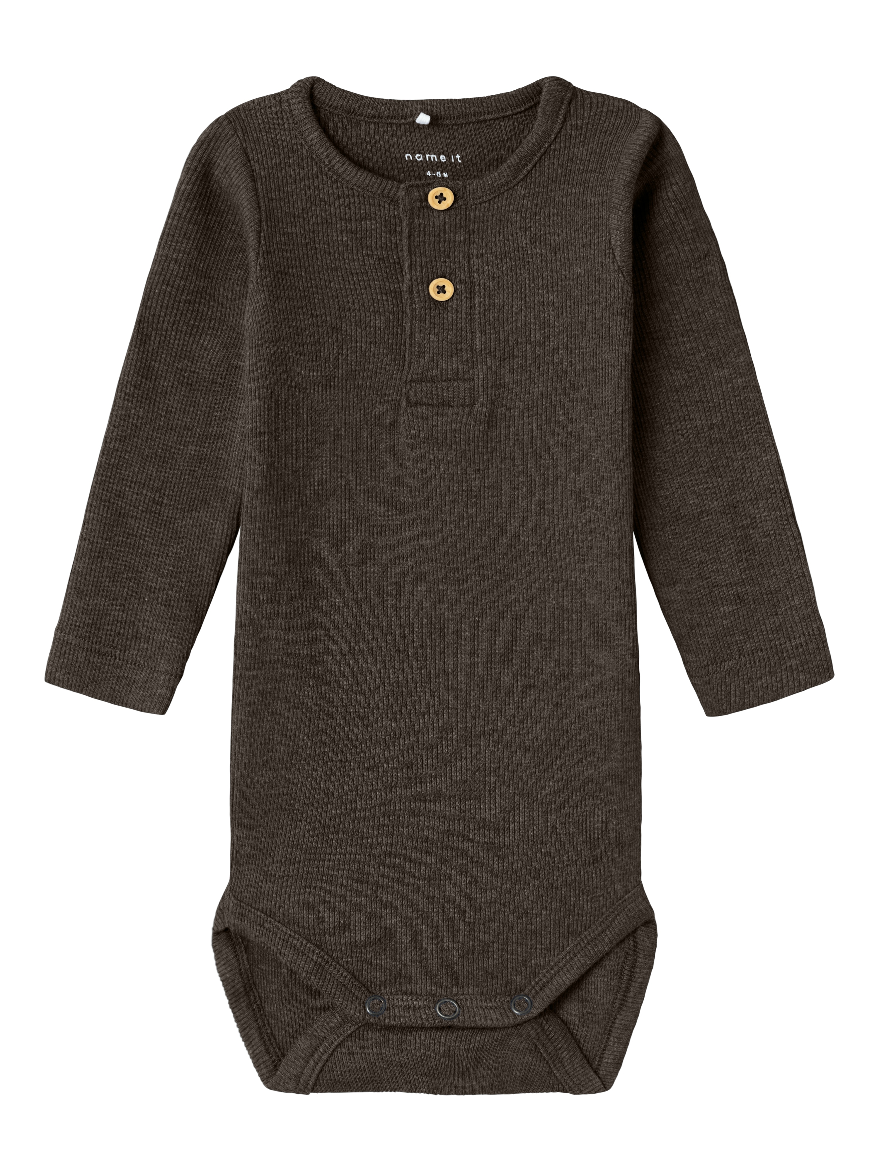 Langarmbody NAME IT "NBMKAB LS BODY NOOS", Baby, Gr. 56, N-Gr, delicioso detail:melange, Feinripp, Obermaterial: 57% Baumwolle, 38% Modal, 5% Elasthan, meliert, unifarben, regular fit, Rundhals, Bodys Image