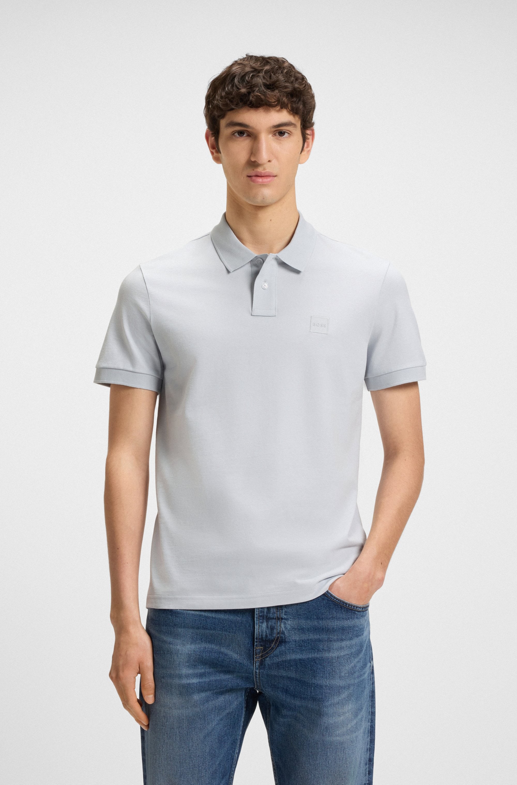 Poloshirt BOSS ORANGE "Passenger", Herren, Gr. S, grau (light, pastel grau053), Jersey, Obermaterial: 95% Baumwolle, 5% Elasthan, Basic hüftbedeckend, hoch geschlossener Ausschnitt, eng Bündchen, Shirts, mit Polokragen