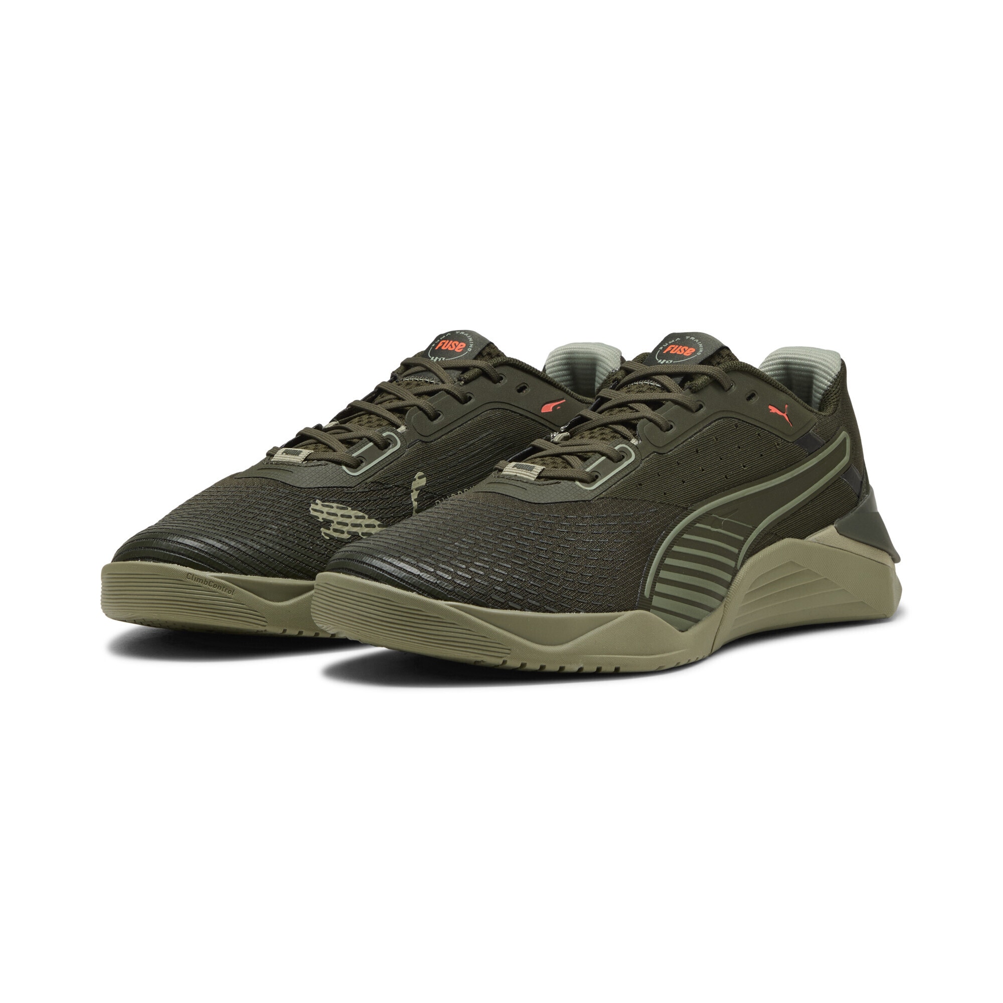 Trainingsschuh PUMA "Fuse 4.0 Sneakers Erwachsene", Damen, Gr. 41, grün (olive grün lux army glowing rot), Obermaterial: Textil, Synthetik; Futter: Textil; Innensohle: Textil; Laufsohle: Gummi, Schuhe