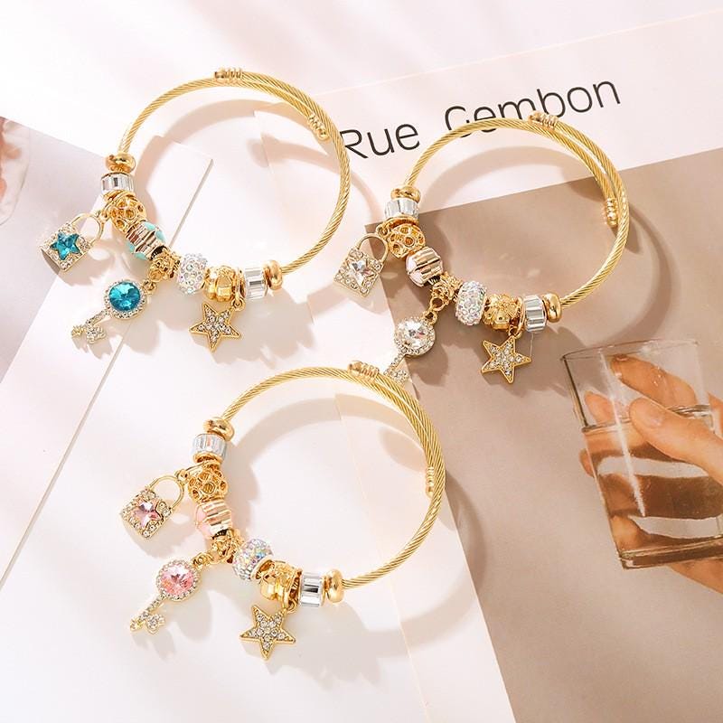 Braccialetti con ciondoli splendenti, braccialetti Pandora con ciondoli placcati in oro 18k, perline di gemme smaltate, bracciale pendente con lucchet