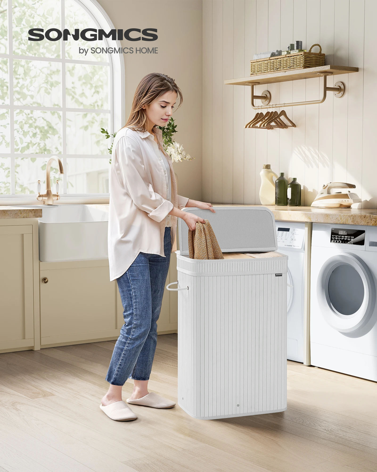 SONGMICS Wäschekorb mit Deckel,Wäschesammler Bambus,Wäschesack herausnehmbar und maschinenwaschbar,mit Griffen, 72 Liter