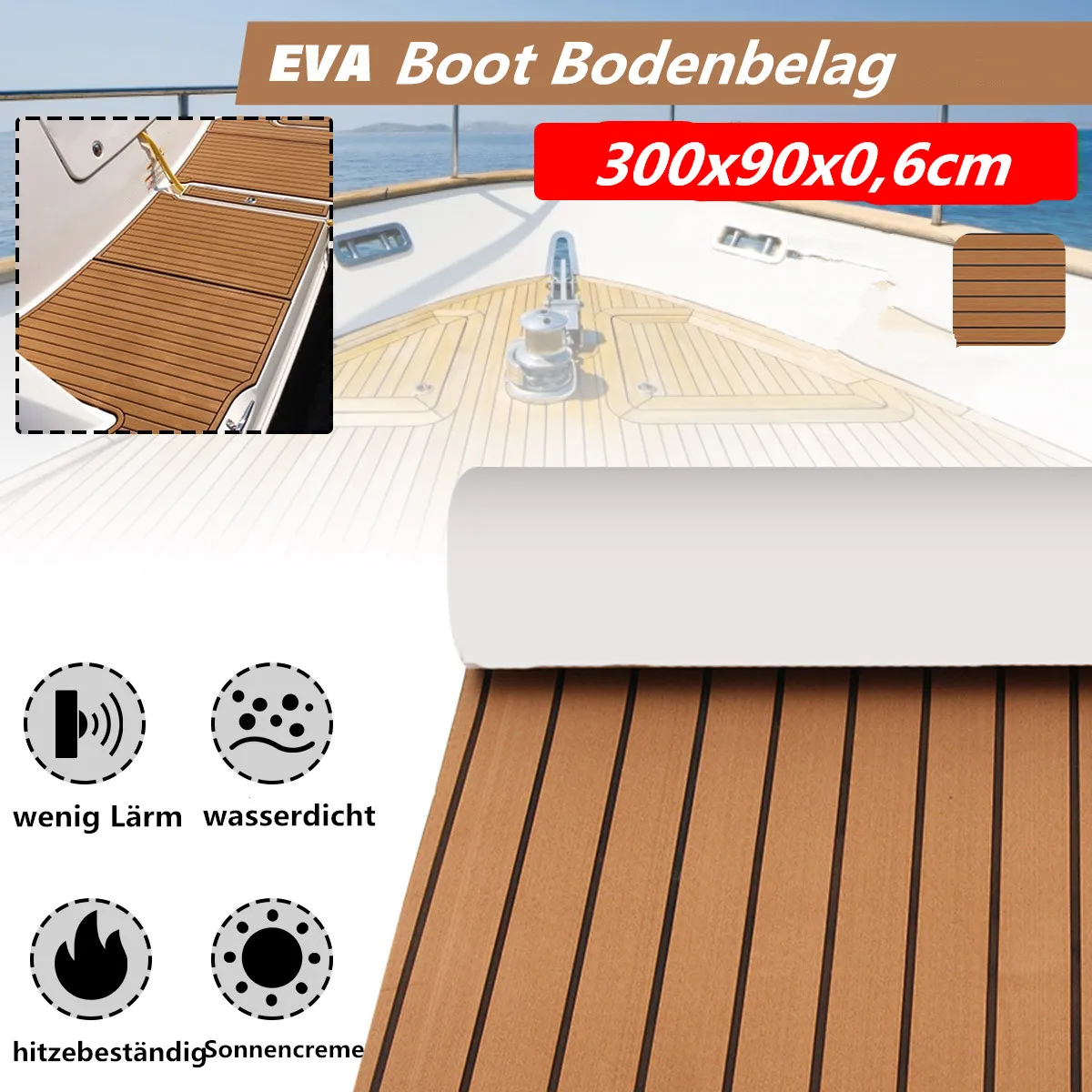 3000 x 900 mm Boots-Bodenbelag, EVA-Schaum, Marine-Faux-Teak-Terrassendielen, Teppichmatten, rutschfeste, pontonbraune, selbstklebende Yacht-Pats
