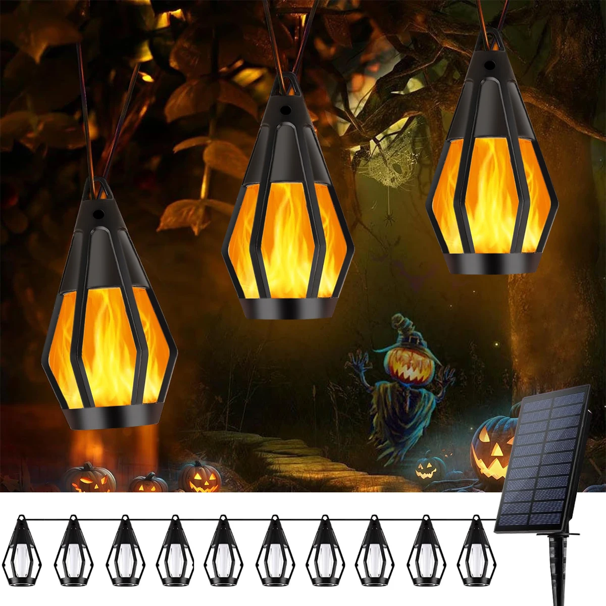 Solarleuchten für den Außenbereich, 10 LED-Lampen, flackernde Flammen-Lichterkette, wasserdichte Solar-Flammenlichter für Garten, Hof, Terrasse, Geschenk, Ostern Image