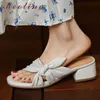 Meotina Frauen Echt leder Sandalen Mid Heel Schuhe Square Toe Plissee dicke Absätze Damenschuhe
