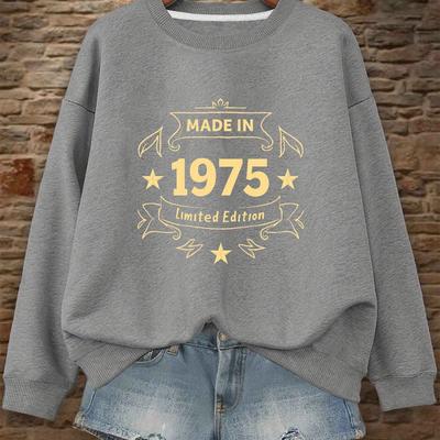 TEMU Women's 1975 Edition Crew Neck Sweatshirt, Casual Polyester Knit Fabric, Geometric Pattern, Fall/winter Season, 250g/m² Weight, Comfortable Clothing Image