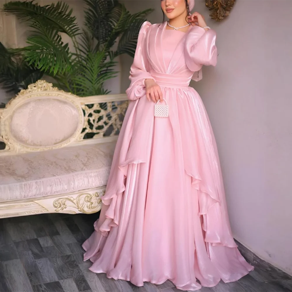 Maßgeschneiderte rosa Abendkleider mit quadratischem Kragen, volle Ärmel, abgestufte Rüschen, Organza, A-Linie, Abendkleid, einfaches langes Dubai-Kleid Image