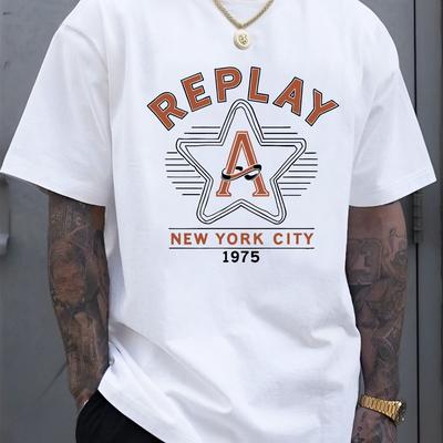 "TEMU Men's Retro Nyc 1975 Graphic T-shirt - "" Letter Print, Lightweight Polyester, Crew Neck, Short Sleeve, Casual Summer Tee, Perfect Gift For Casual Attire" Image