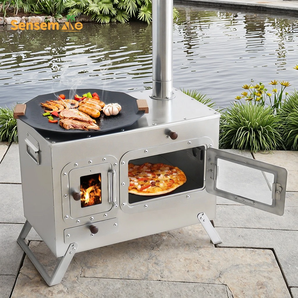 Camping-Holzofen mit Backofen, tragbarer Outdoor-Pizzaofen, Zelt-Heizofen mit Schornstein, Dual-Kochfunktion, Holzofen, 9-Zoll-Pizzabackfunktion Image