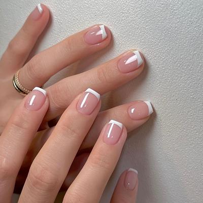 TEMU 24pcs -on Short Square Nails Cute White French False Nails Press-on Nails Art Nail Glue Full Cover Glossy Acrylic False Nails Stick-on Nails With Nail File Stick Jelly Glue Image