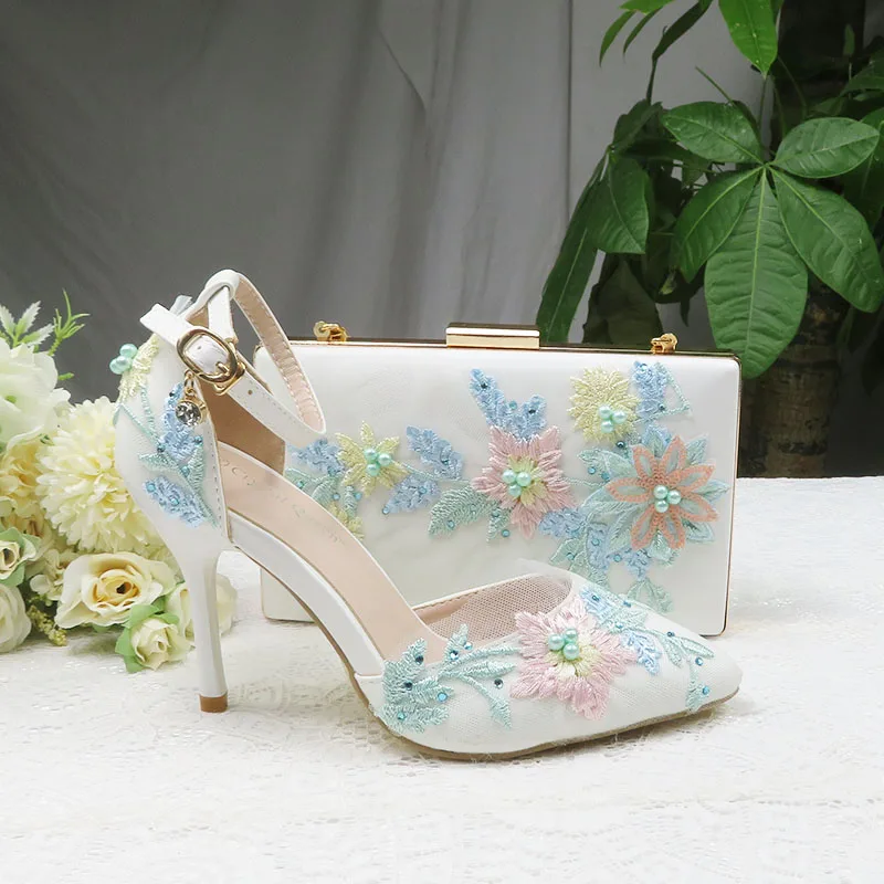 2020 neue Sommer Mint grün Blume hochzeit schuhe mit passenden taschen High heels Spitz Ankle Strap Party schuh und tasche set
