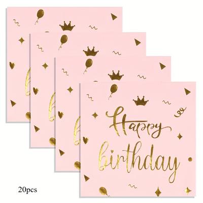 TEMU 20pcs Pink Happy Birthday Napkins, 2-ply Thickened Paper, 33cm X 33cm, Wedding, Tea Party, Birthday Party Decorations, And , Party Decorations | Elegant Script Design | Embellishment Image
