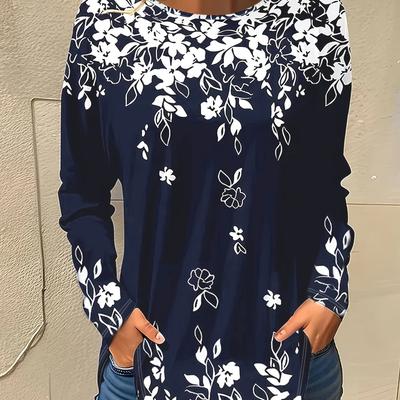 TEMU Women' Floral Print Long Sleeve T-shirt - Crew Neck Knit Top With Dacron And Spandex , Comfortable Stretch, Ideal For Fall/winter Image