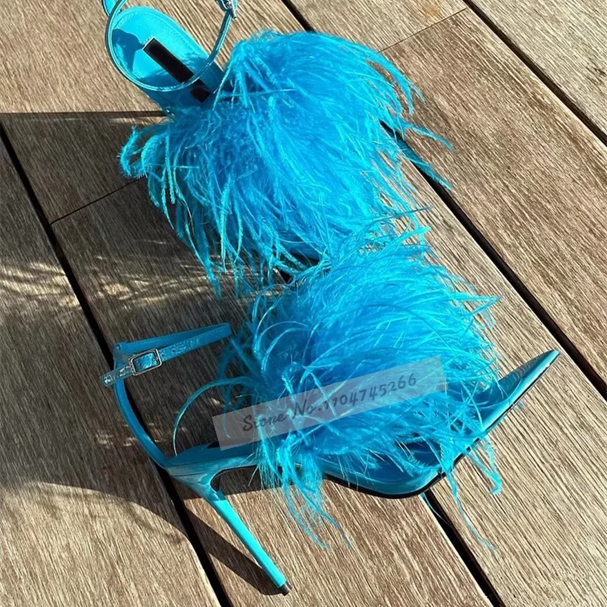 Seeblau Grün Feder High Heel Sandalen Damen Stiletto Absatz Spitzschuh Flauschiges Fell Kleid Schuhe Elegante Fransen Bankett Pumps