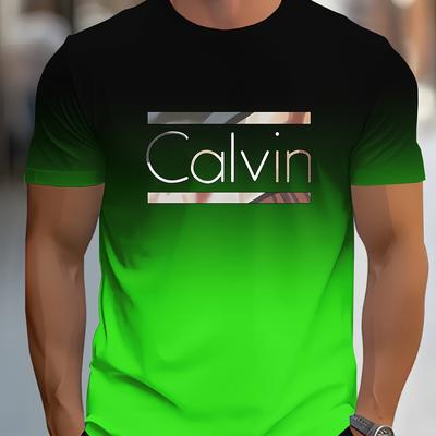 TEMU Men's Gradient Print T-shirt - Casual Short Sleeve, Round Neck, Lightweight Polyester Blend, Machine Washable, Casual Wear Tee | Modern | Stretch Fabric Tee, Plus Size Image