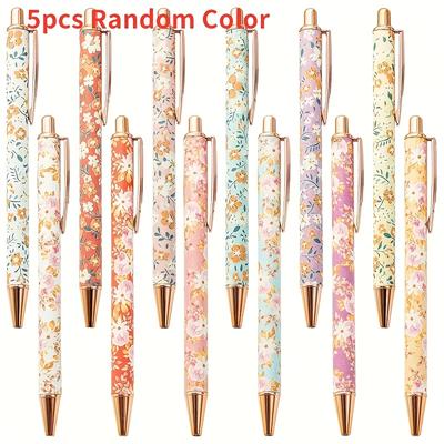TEMU 1 Set Of Art Pens, Round Ballpoint Pen With Floral Shape, Cute Retro Flowers, Metal Retractable Tip 1.0 Black Ink Pen, Very Suitable For Gifts And School Office Supplies Image