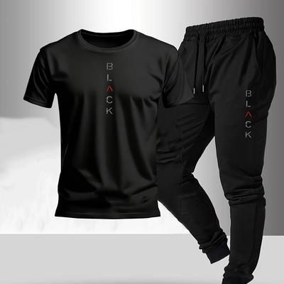 TEMU Men's Set, Fashionable Round-neck Letter-printed T-shirt, Drawstring Trousers, Slightly Elastic Fabric, Regular Style. Image