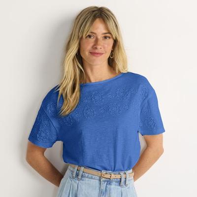 Cutwork Slub Tee, Women, size: 14-16, regular, Blue, Cotton, by Lands' End