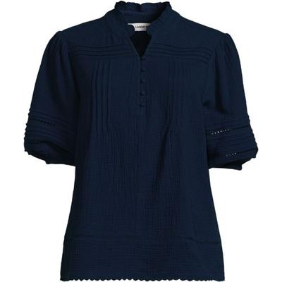 Ladder Trim Cheesecloth Popover Blouse, Women, size: 14-16, regular, Blue, Cotton, by Lands' End