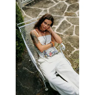 Sightseer Embroidered Linen Set at Free People in Ivory Combo, Size: Medium