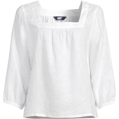 Square Neck Three Quarter Sleeve Linen Top, Women, size: 28-30, plus, White, Linen, by Lands' End