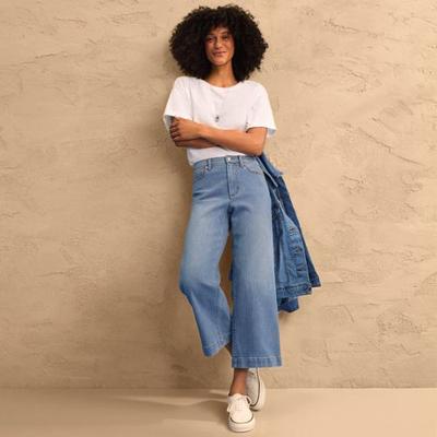 Wide Leg Cropped Jeans, High Waisted, Women, size: 14, petite, Blue, Cotton/Spandex, by Lands' End