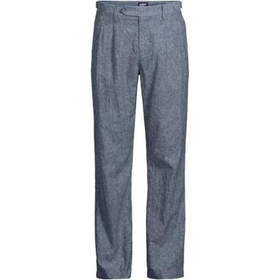 Pleated Linen/Cotton Trousers, Relaxed Fit, Men, size: 36 28, regular, Blue, Linen/Cotton-blend, by Lands' End