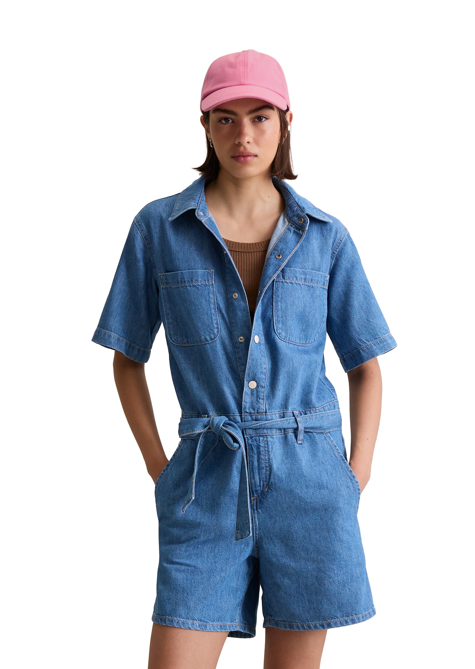 Kurzoverall MARC O'POLO DENIM "mit recyeltem Leinen-Garn", Damen, Gr. XS, Normalgrößen, blau (aqua), Obermaterial: 47% Baumwolle, 33% Lyocell, 20% Leinen; Futter: 100% Nicht verfügbar, unifarben, relaxed fit kurz, normaler Saum, Overalls Kurzoverall