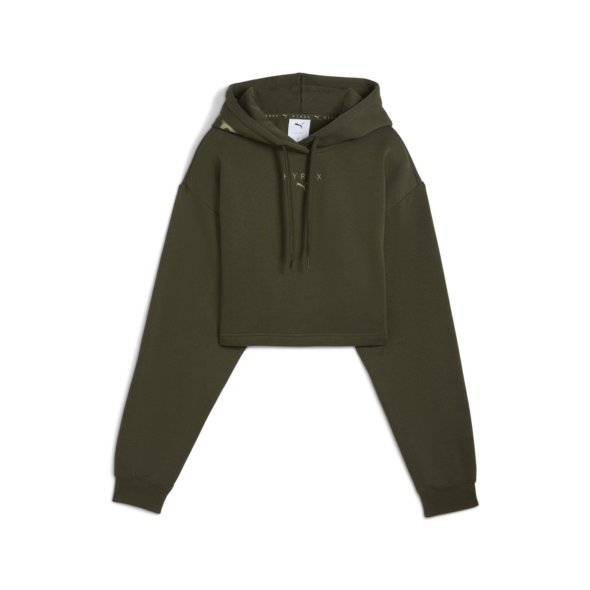 Sweatshirt PUMA "PUMA x HYROX Heavyweight Hoodie Damen", Damen, Gr. XS, grün (schwarz olive grün), Obermaterial: 66% Baumwolle, 34% Polyester; Rippe: 3% Elasthan, 97% Baumwolle, normal, Rundhals, Sweatshirts