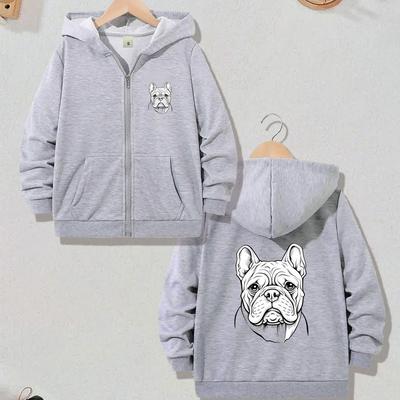 TEMU Women's Cute Bulldog Print Hooded Jacket - Casual Zip-up Sweater With Pockets, French , Long Sleeve Polyester , Machine Washable Image