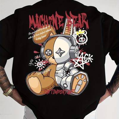 TEMU Cute Cool Graphic Print With Half-mechanical Half-teddy , Streetwear Trendy Men's Loose-fit Spring T-shirt, Soft Breathable Fabric Daily Casual Wear Image