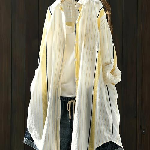 TEMU Chemise Élégante Grande Taille pour Femme avec Ourlet Asymétrique et Boutons - Haut à Rayures et Jaunes Manches Longues, Lavable en Machine pour Tenue Décontractée Printemps/Automne, Tissu Opac