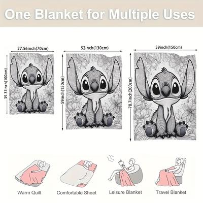 TEMU 1pc Stitch Floral Flannel Blanket - Soft, Cozy Throw For Sofa & Naptime, Black & White , & Companionship, Machine Washable, Use, Accessory | Cozy Companion | Digital , Stitch Room Image