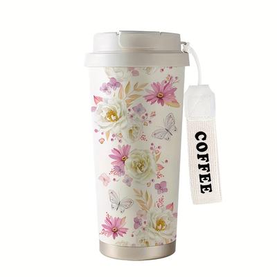 TEMU 530ml Floral Insulated Travel Mug With Straw And Lid - Flower Pattern, Dual Drink Hot/ Cup, Portable For Home, Office, Sports, And Gifts Image
