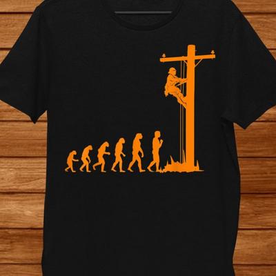 TEMU Graphic T-shirt - Casual Crew Neck Tee With Unique Electrician Design, Short Sleeve, Black With Orange Line Art, Casual Attire, Evolution T Shirt, Plus Size Image