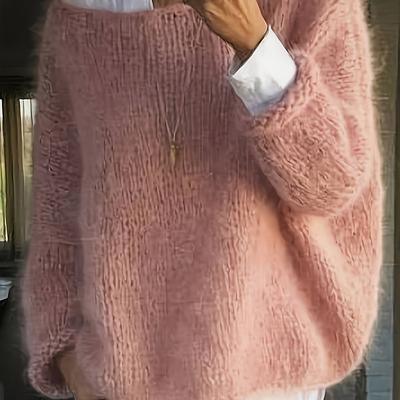 TEMU Women's Elegant Pink Sweater - Cozy Long Sleeve Pullover With Ribbed Detail, Fall & Winter, , Fall Winter Sweater | Ribbed Detail | , Sweater Dress Image