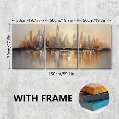 TEMU 3pcs Set Of Abstract Cityscape Canvas Prints With Wooden Frame - Modern Minimalist Wall Art For Living Room, Office, Or Apartment Decor - Ideal Adult Gift Idea, Office Artwork | | Wooden Frame Image