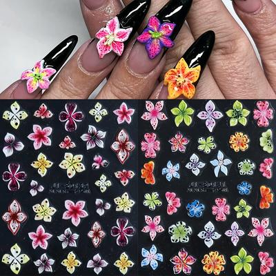 TEMU 2pcs 5d Embossed Leopard Hibiscus Flower Nail Stickers - Colorful Petal Flower Nail Decals, Y2k Ink Dot Hawaiian Petal Embossed Self-adhesive Slider Carving Art Diy Nail Art Decals Image
