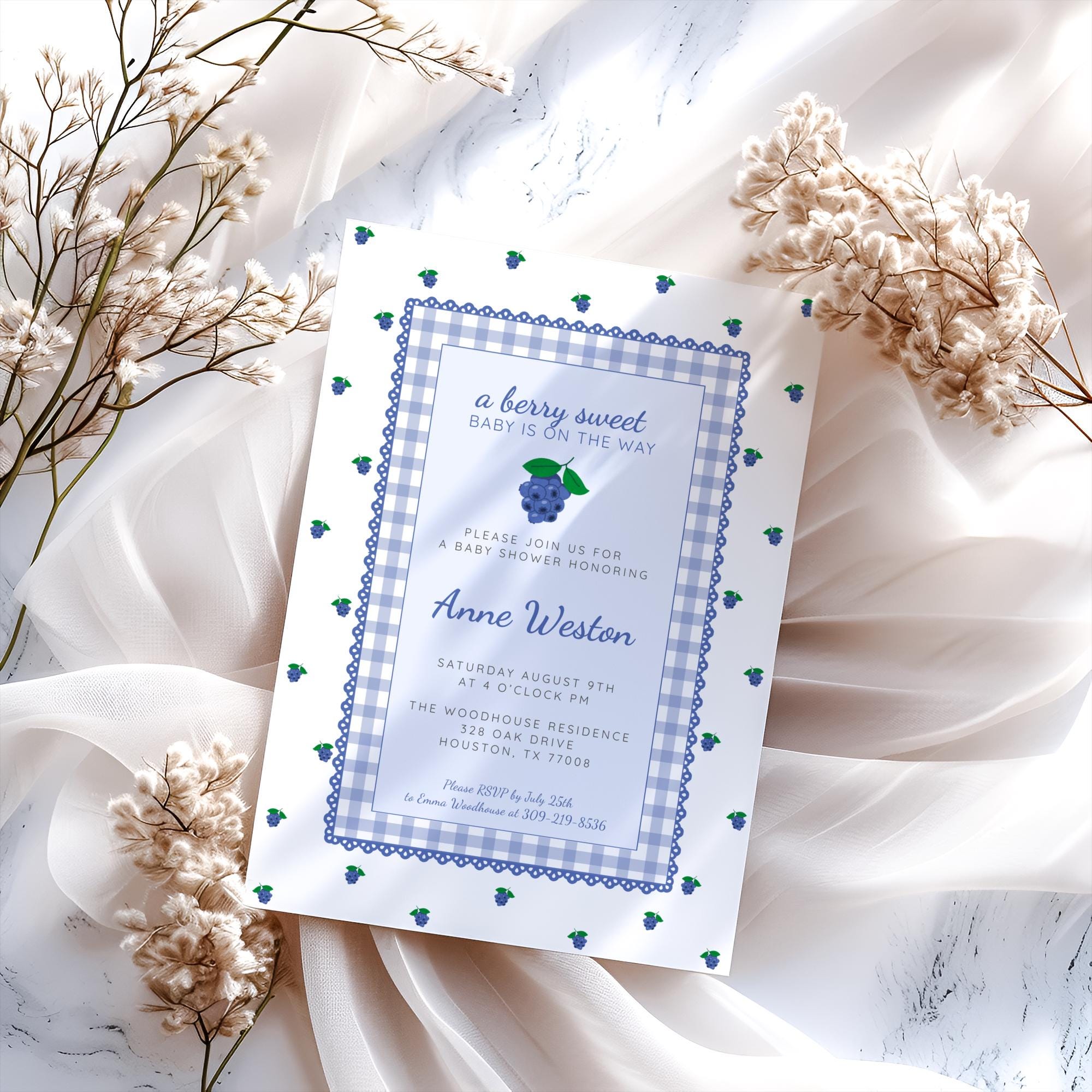 Invito per baby shower a tema mirtillo, invito modificabile per baby shower a tema bacca, invito a quadretti blu, baby shower a tema frutta, baby show