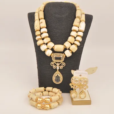 White Natural Coral Bead African Jewelry Set for Women