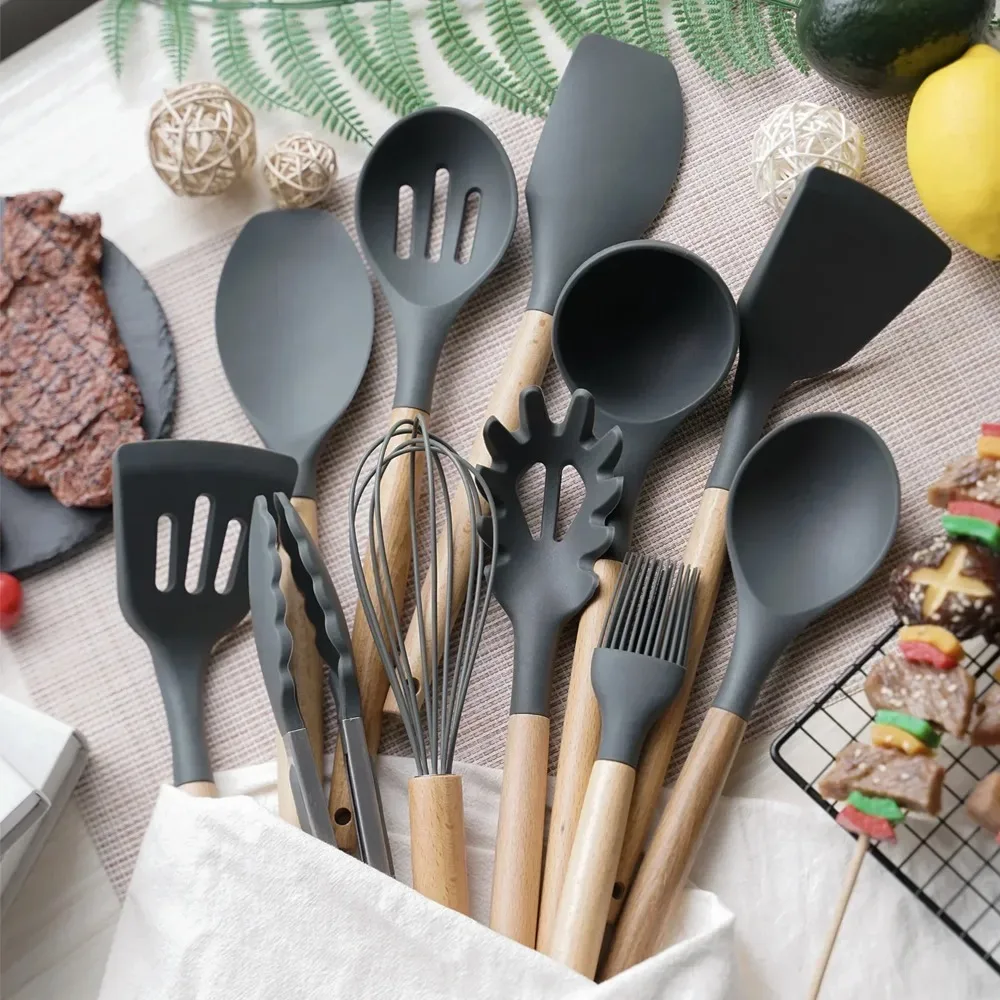 Ustensiles de cuisine en Silicone avec manche en bois, ensemble de 12 pièces, cuillère de cuisine antiadhésive, résistant aux hautes températures, outils de cuisine, seau de rangement