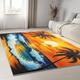 Area Rugs 160 x 230 cm Machine Washable low Pile carpet, Non-Slip Backing Palm Waves With Sunset Non-Shedding carpet, Tropical Abstract Rugs for Living Room Bedroom Kitchen