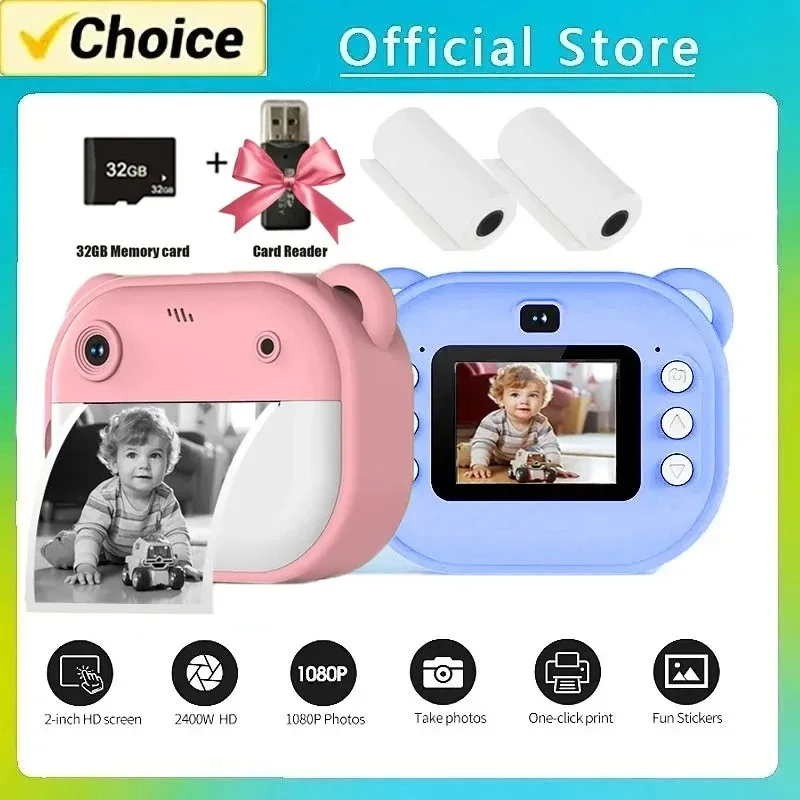 Fotocamera digitale per bambini Stampa istantanea per bambini Fotocamera con stampa termica Fotocamera con stampa fotografica istantanea Videocamera + Scheda di memoria 32G